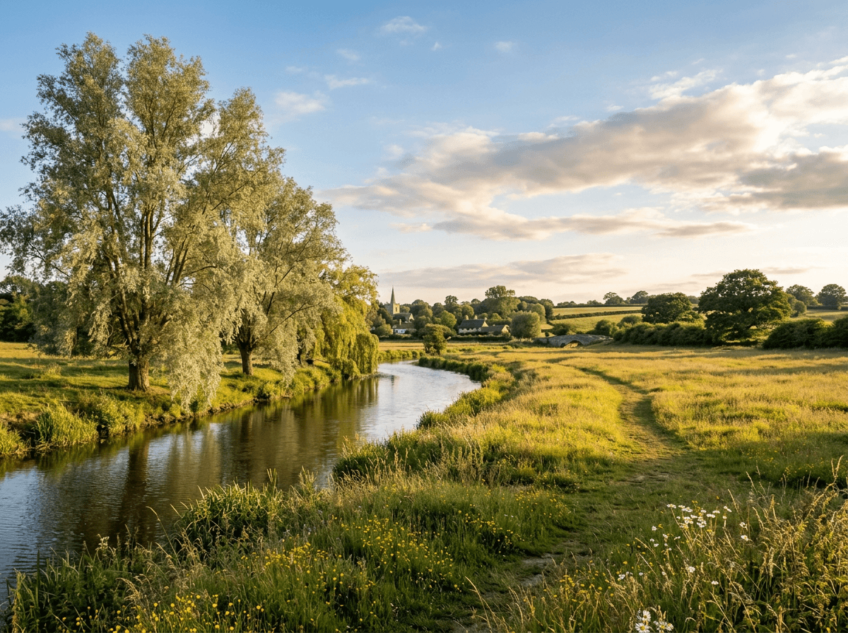 English Willow trees growing alongside a river in Essex, England